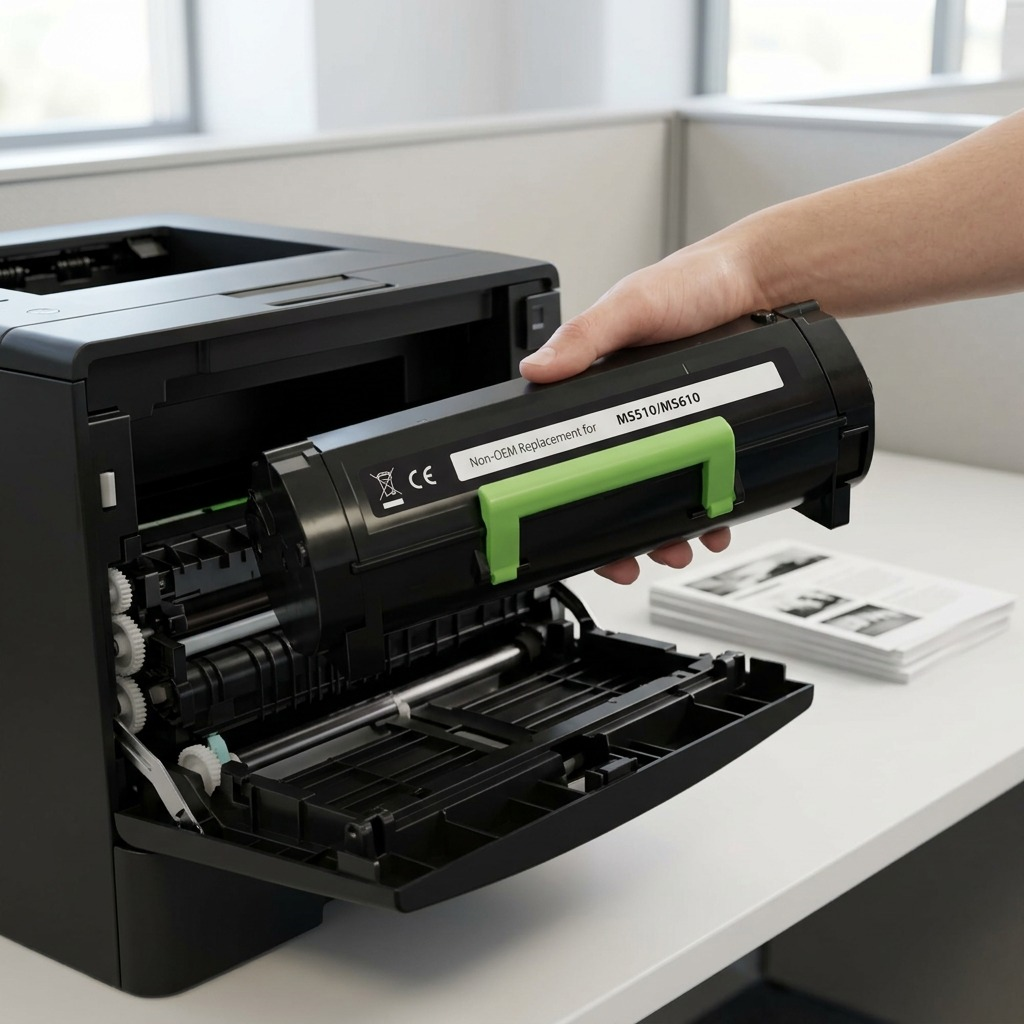 A realistic, detailed photograph of the LCMSMX510-20K toner cartridge used in a modern office printer.