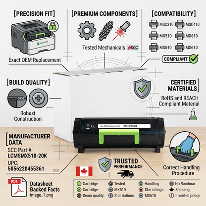 Trust and authority infographic matrix for the Static Control compatible Lexmark 500ZA imaging unit, showing factual specs.