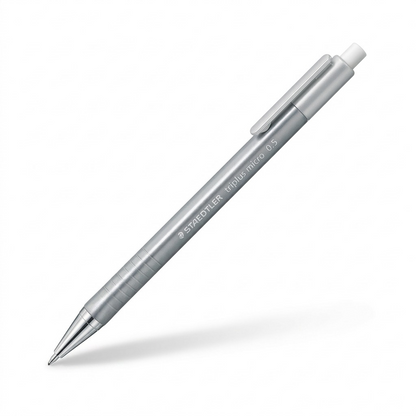High-resolution hero shot of a pearlescent silver STAEDTLER triplus micro 0.5mm mechanical pencil.