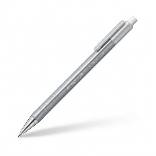 High-resolution hero shot of a pearlescent silver STAEDTLER triplus micro 0.5mm mechanical pencil.