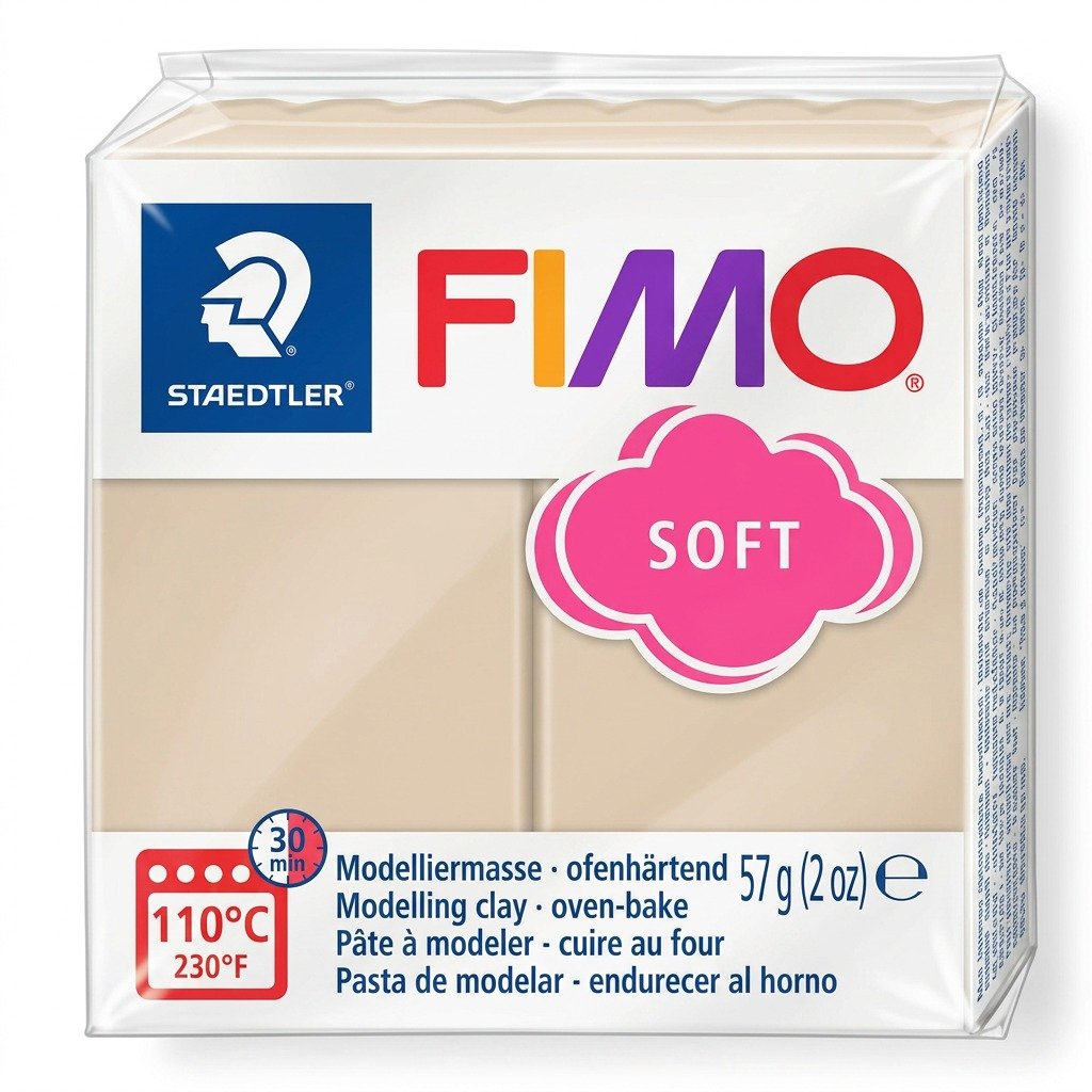 Pure high-resolution hero shot of STAEDTLER Fimo Soft Sahara 57g (2 oz) modeling clay in its original packaging, centered on a pure white background.