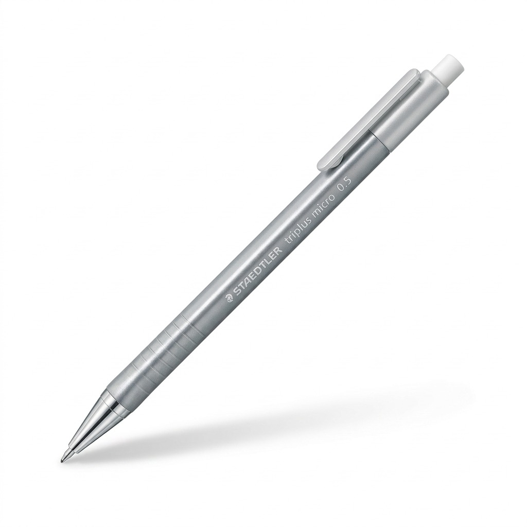 High-resolution hero shot of a pearlescent silver STAEDTLER triplus micro 0.5mm mechanical pencil.