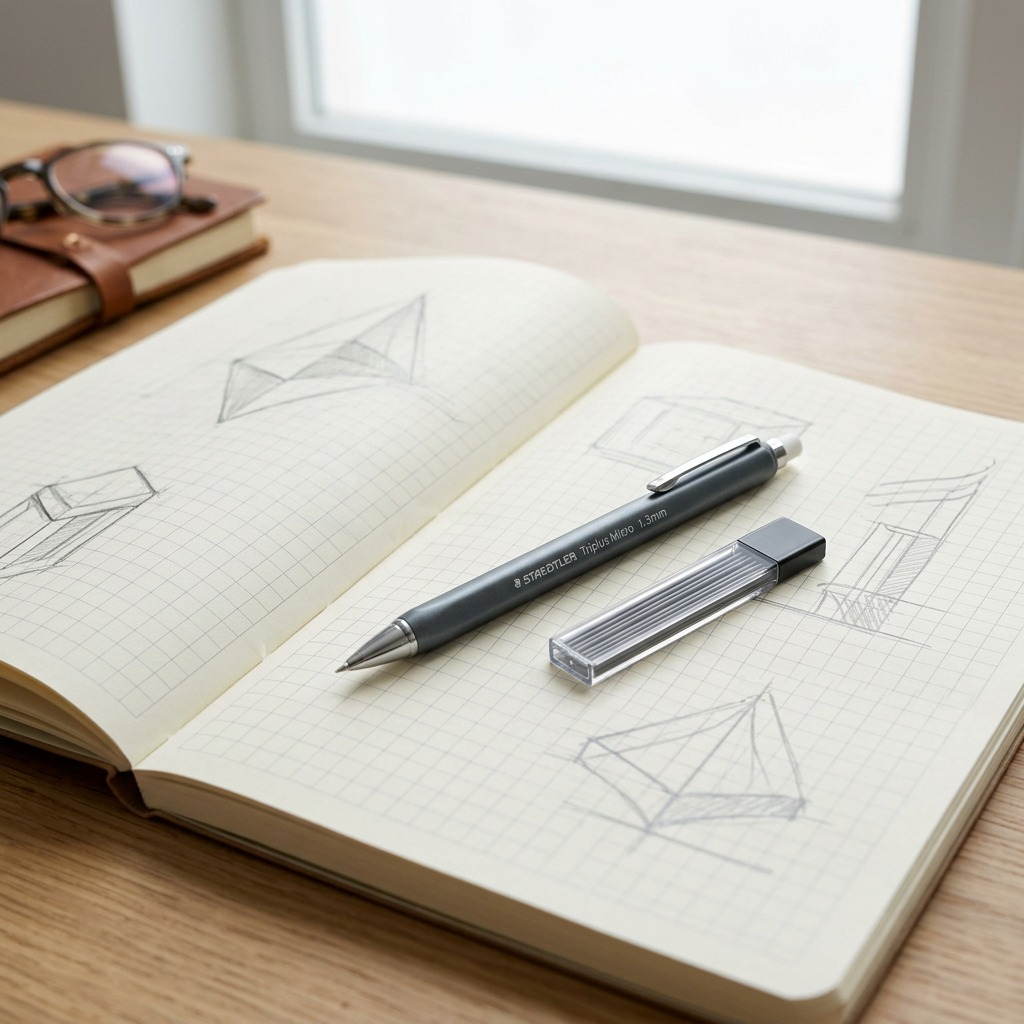 Lifestyle photo of a Staedtler mechanical pencil 1.3mm on a textured paper notebook with lead sketches.