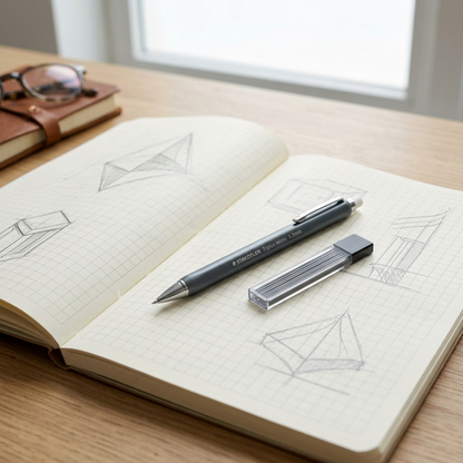Lifestyle photo of a Staedtler mechanical pencil 1.3mm on a textured paper notebook with lead sketches.