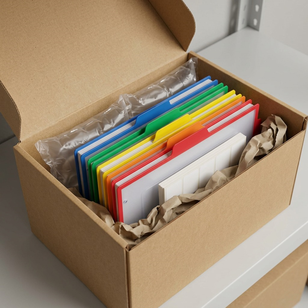 A photo-realistic image showing the five Avery tab dividers and label sheet resting securely inside protective shipping void fill within a premium cardboard box.