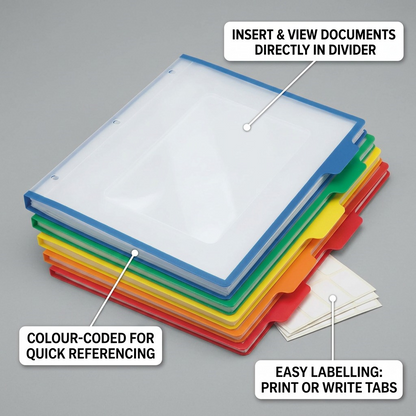 Ecommerce visual matrix highlighting key features: insertable dividers, colour-coding, and print/write-on tabs.