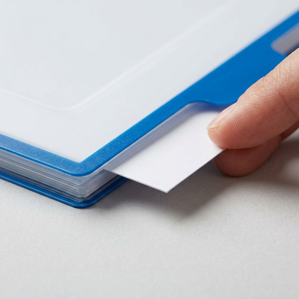 Extreme close-up of a high-clarity, insertable divider tab from the multi-color set.
