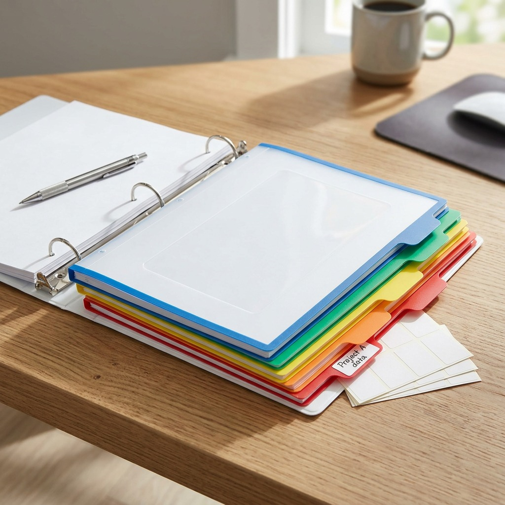 A lifestyle photo of the Avery multi-colour poly dividers, positioned on a clean white desk next to a binder, pen, and some paper, with natural lighting.