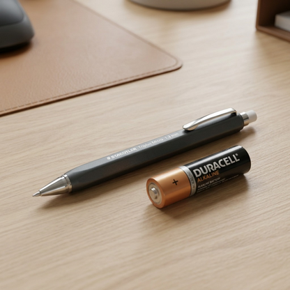 STAEDTLER Triplus Micro 1.3mm mechanical pencil (77413SBKA602NA) shown beside a standard AA alkaline battery on a desk for scale.
