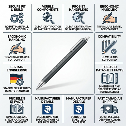 Infographic matrix highlighting Staedtler pencil quality markers, features, and fast shipping.
