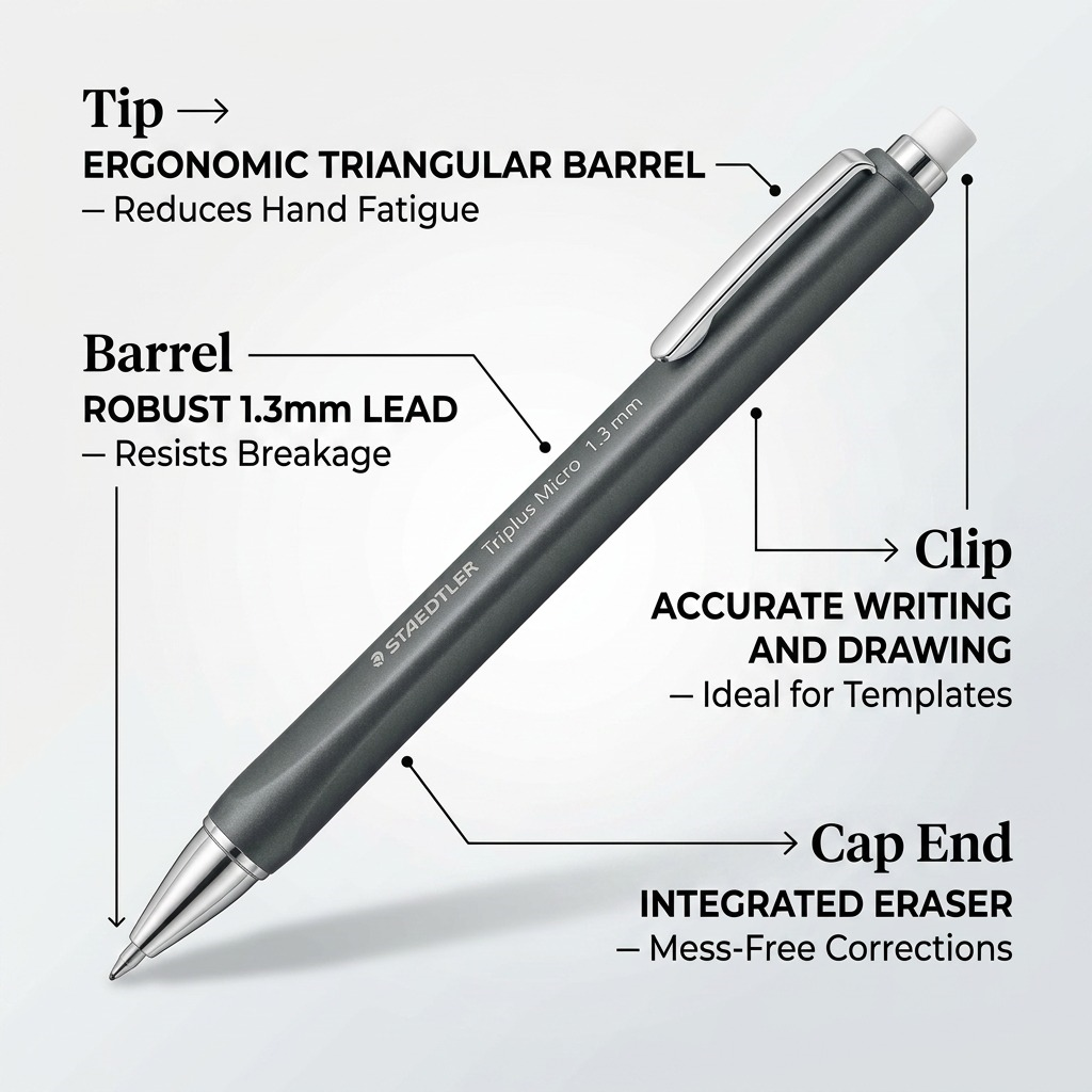 Product image for STAEDTLER mechanical pencil featuring feature callouts promoting ergonomic triangular barrel, robust 1.3mm lead, clip and integrated eraser benefits.