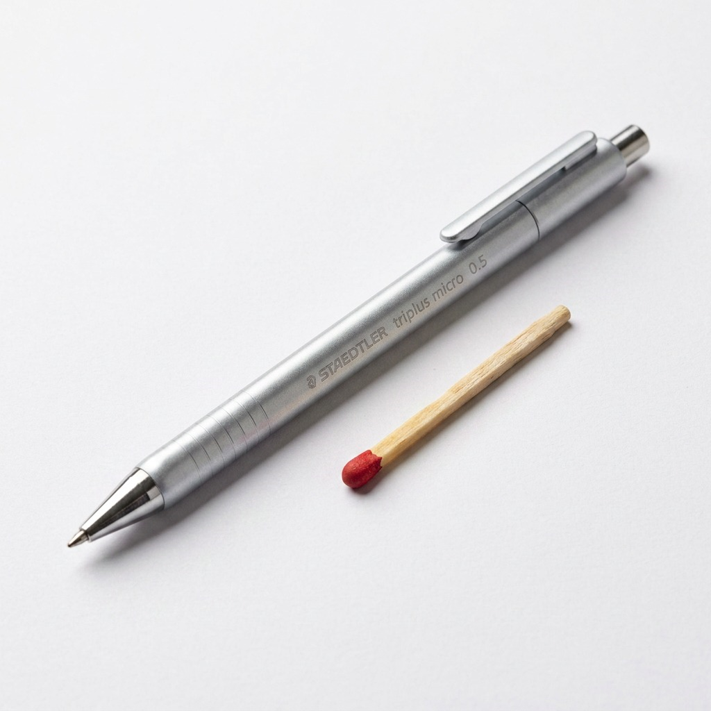 Scale matrix: STAEDTLER triplus micro 0.5mm, pearl, beside a realistic matchstick, on a white desk.