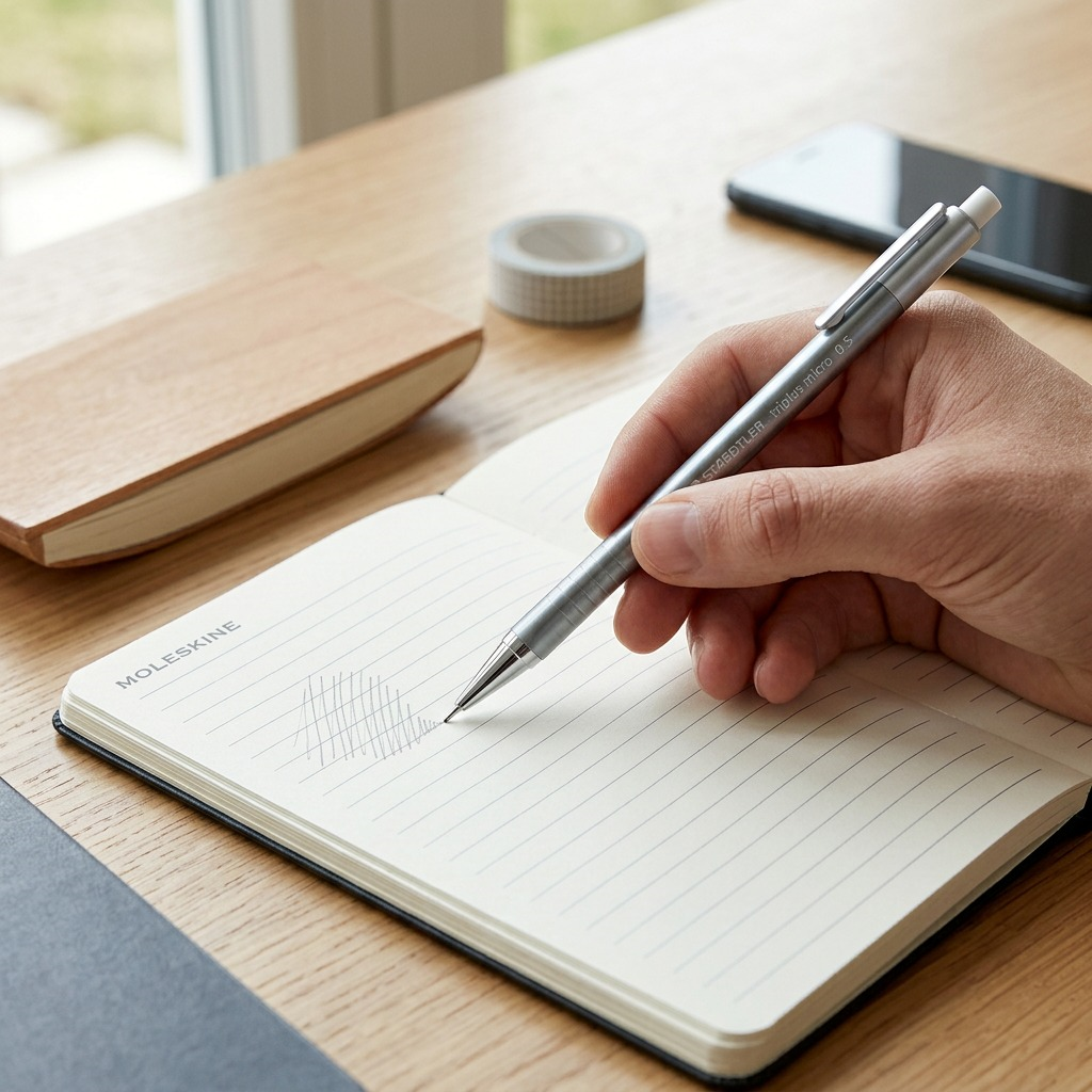 A lifestyle photo of a STAEDTLER triplus micro 0.5mm, Pearl mechanical pencil on a desk or table.