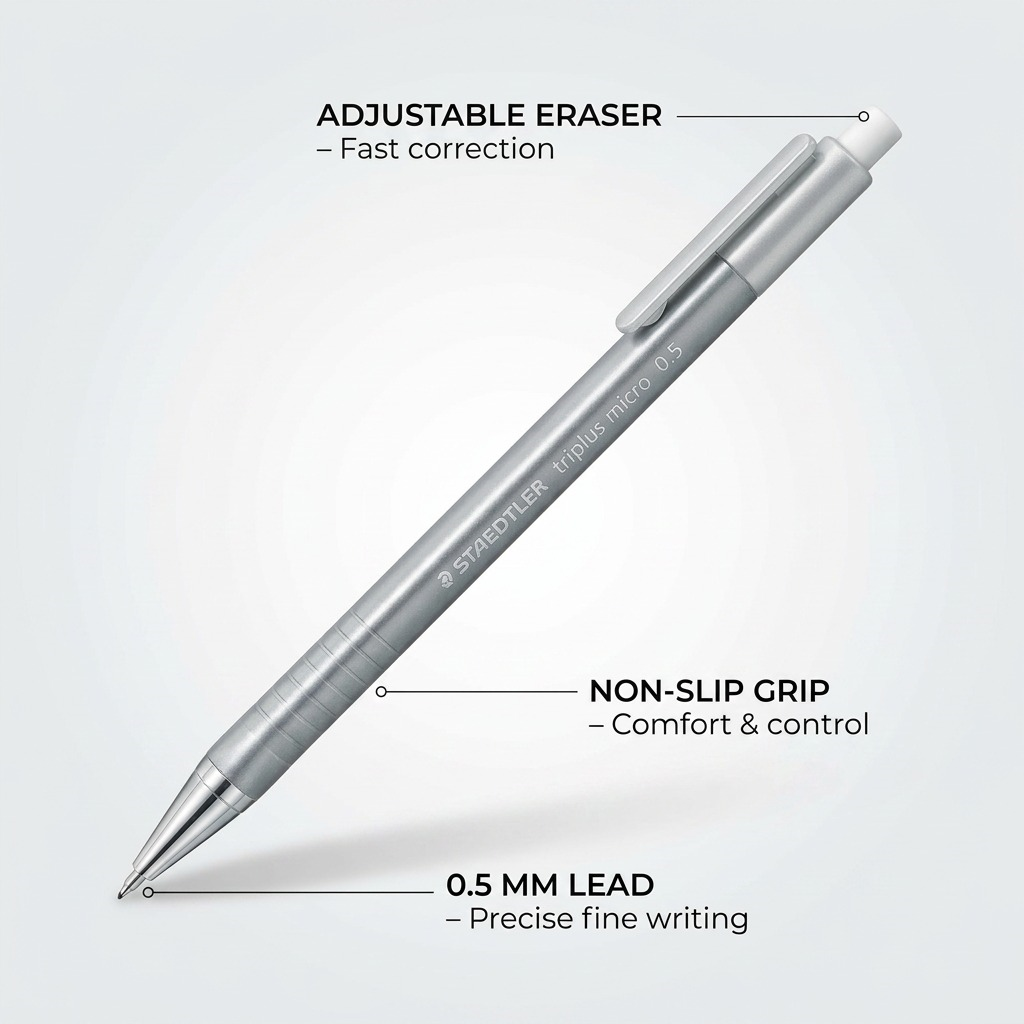 Operational feature callout image for the STAEDTLER triplus micro 0.5mm mechanical pencil.
