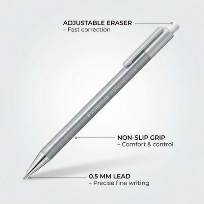 Operational feature callout image for the STAEDTLER triplus micro 0.5mm mechanical pencil.