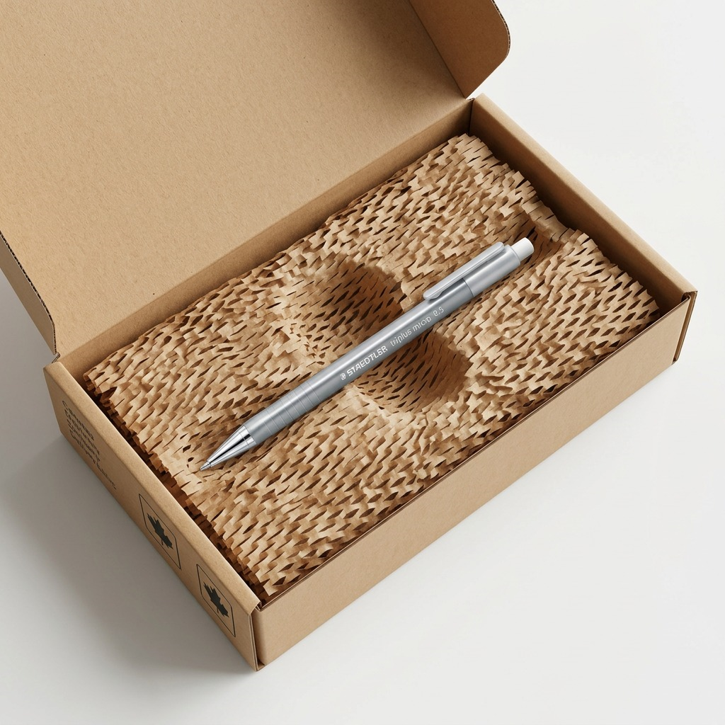Close-up of a STAEDTLER triplus micro 0.5mm, Pearl mechanical pencil (77425-80A6) safely cushioned in protective, neutral honeycomb paper inside a shipping box.