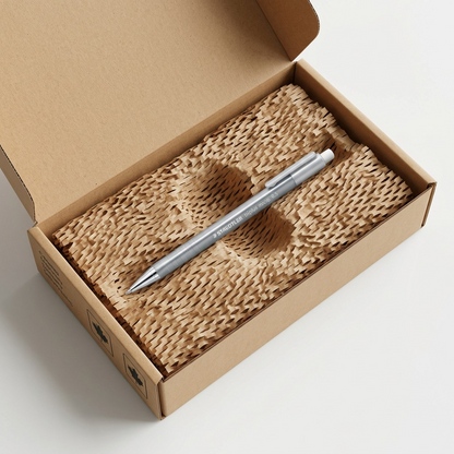 Close-up of a STAEDTLER triplus micro 0.5mm, Pearl mechanical pencil (77425-80A6) safely cushioned in protective, neutral honeycomb paper inside a shipping box.