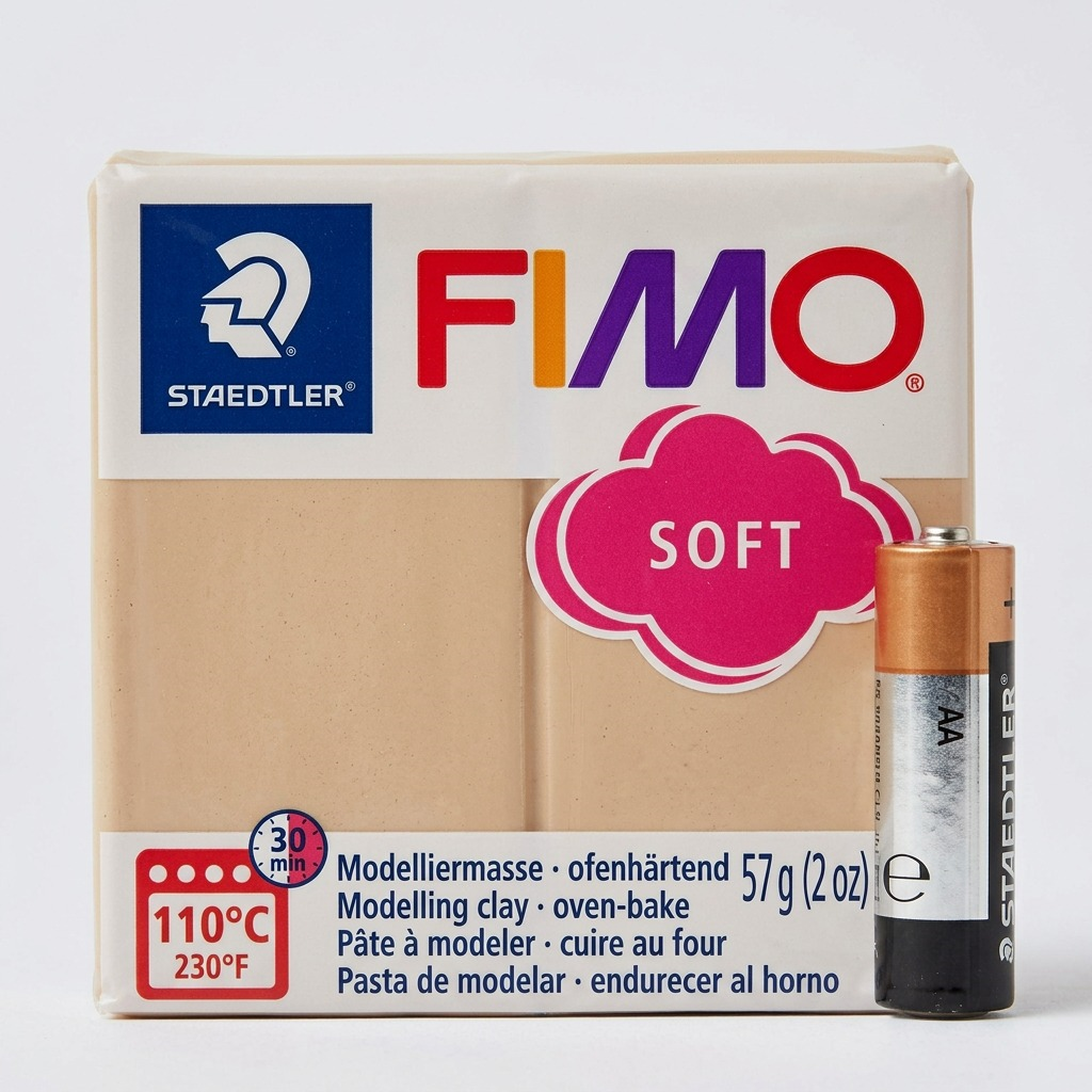A studio shot of a STAEDTLER Fimo Soft Sahara 57g clay block next to a standard AA battery.