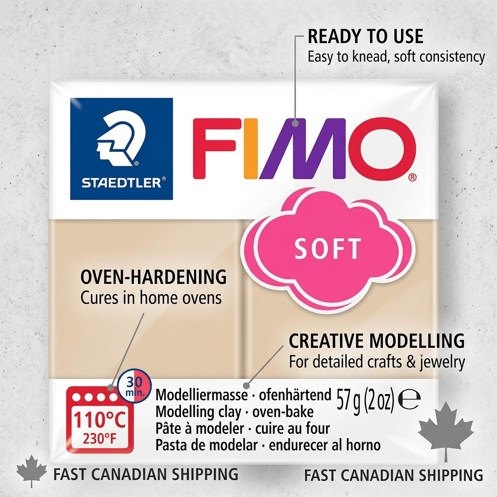 16:9 infographic of STAEDTLER Fimo Soft Sahara, featuring product benefits with clean callout lines against a clean background.