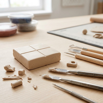 A close-up photograph of soft polyclay on a wooden table, featuring STAEDTLER Fimo Soft Sahara, surrounded by sculpting tools and the packaged product.