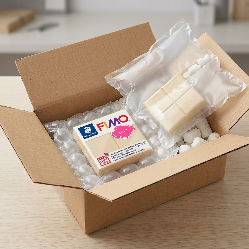 Packshot of Fimo Soft Sahara 57g in an open, protected cardboard box with air airbags.