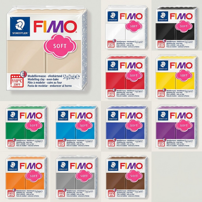 An 11-panel grid displaying diverse colors with identical STAEDTLER FIMO Soft 57g packaging.