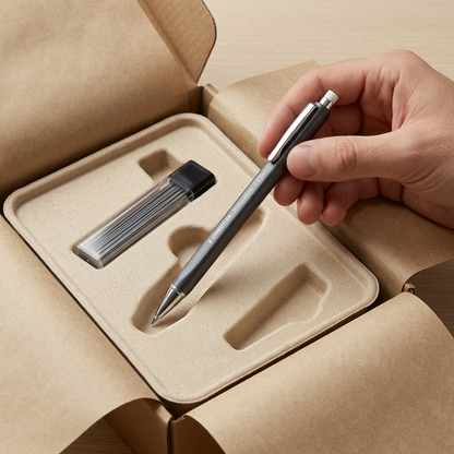 Close-up photo of the STAEDTLER mechanical pencil and spare leads being carefully unboxed from secure packaging.