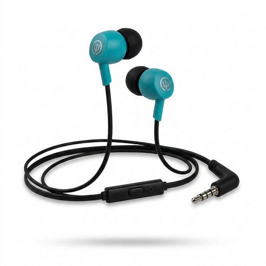 High-resolution hero shot of the Wicked Audio Brawl with Mic Earbud in Real Teal (MPN: WI1356), featuring matte teal housings and black cables on a pure white background.