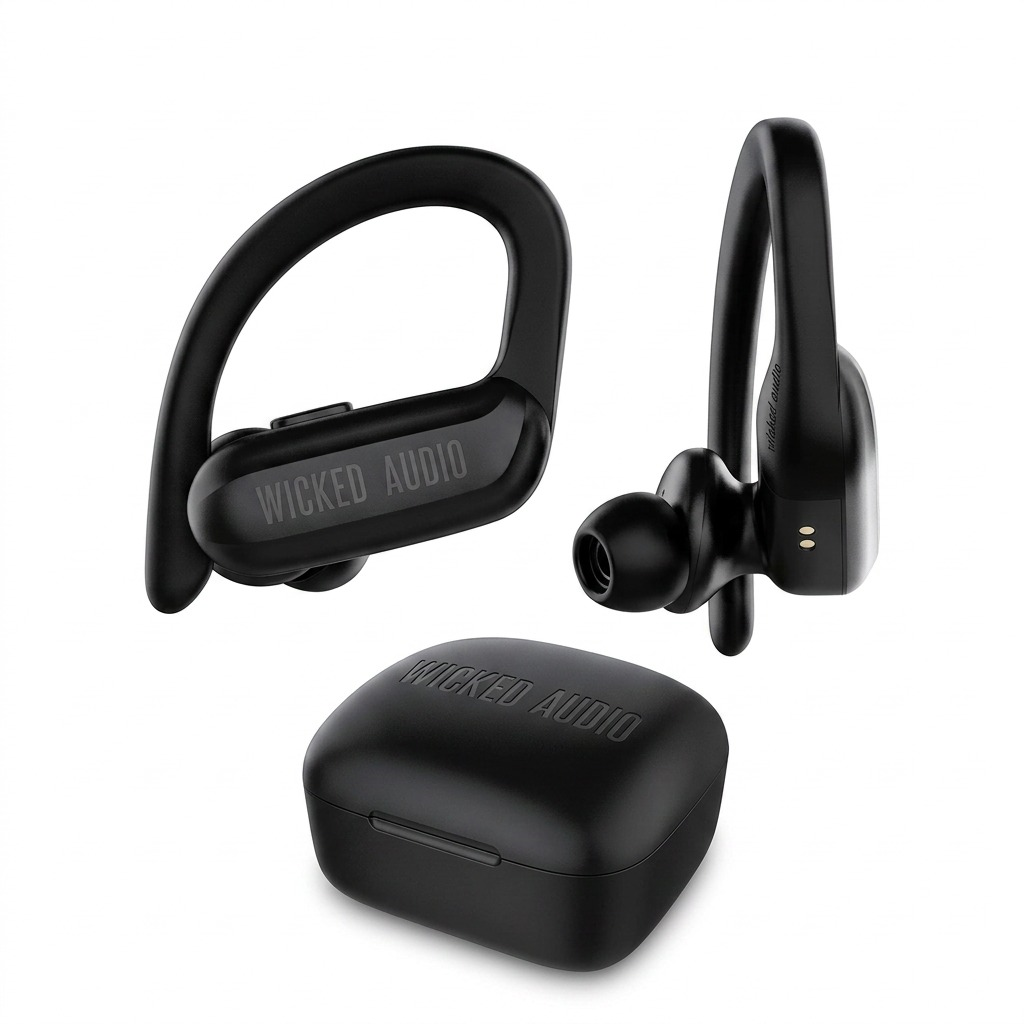 High-resolution hero shot of the black Wicked Audio Raen Sport True Wireless Earbuds and the matching black charging case, isolated on a pure white background. The earbuds feature the 'WICKED AUDIO' script and are angled to show the ergonomic Sport hooks and secure-fit tip.