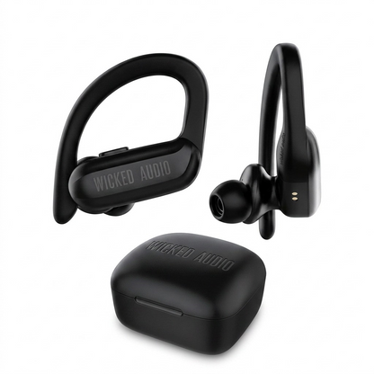 High-resolution hero shot of the black Wicked Audio Raen Sport True Wireless Earbuds and the matching black charging case, isolated on a pure white background. The earbuds feature the 'WICKED AUDIO' script and are angled to show the ergonomic Sport hooks and secure-fit tip.