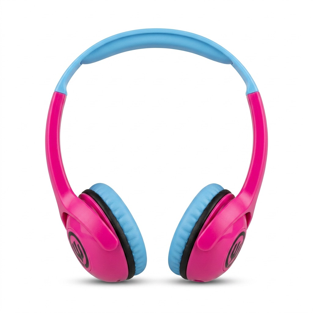 Hero shot of Wicked Audio Tricky Tike Kid Safe wireless headphones for kids in Candy Pink on white.