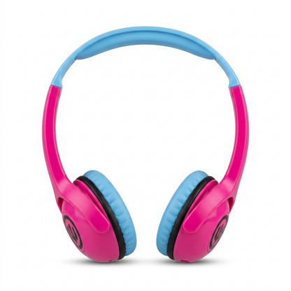 Hero shot of Wicked Audio Tricky Tike Kid Safe wireless headphones for kids in Candy Pink on white.