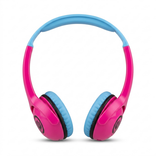 Hero shot of Wicked Audio Tricky Tike Kid Safe wireless headphones for kids in Candy Pink on white.