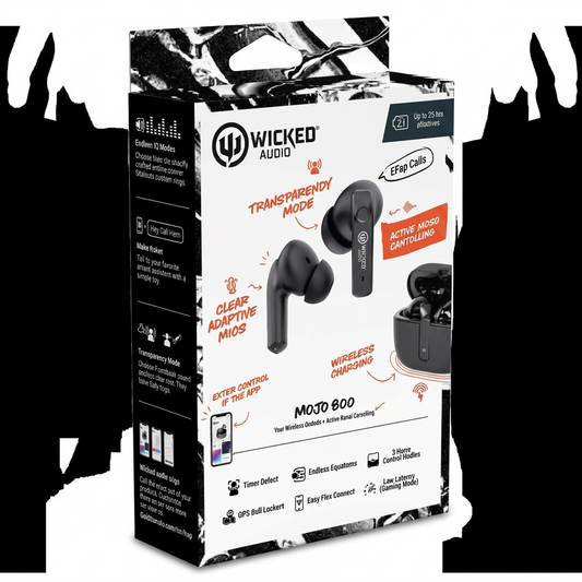 A high-resolution hero shot image of black Wicked Audio Mojo 800 TWS earbuds.