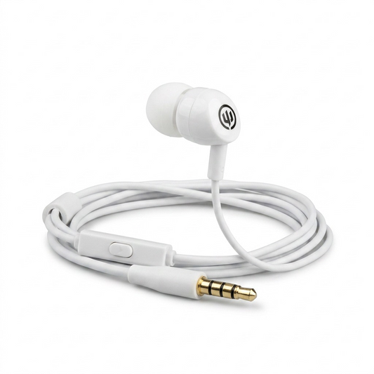 Premium hero shot of Wicked Audio Brawl in-ear headphones in White Knuckle, pure white background.