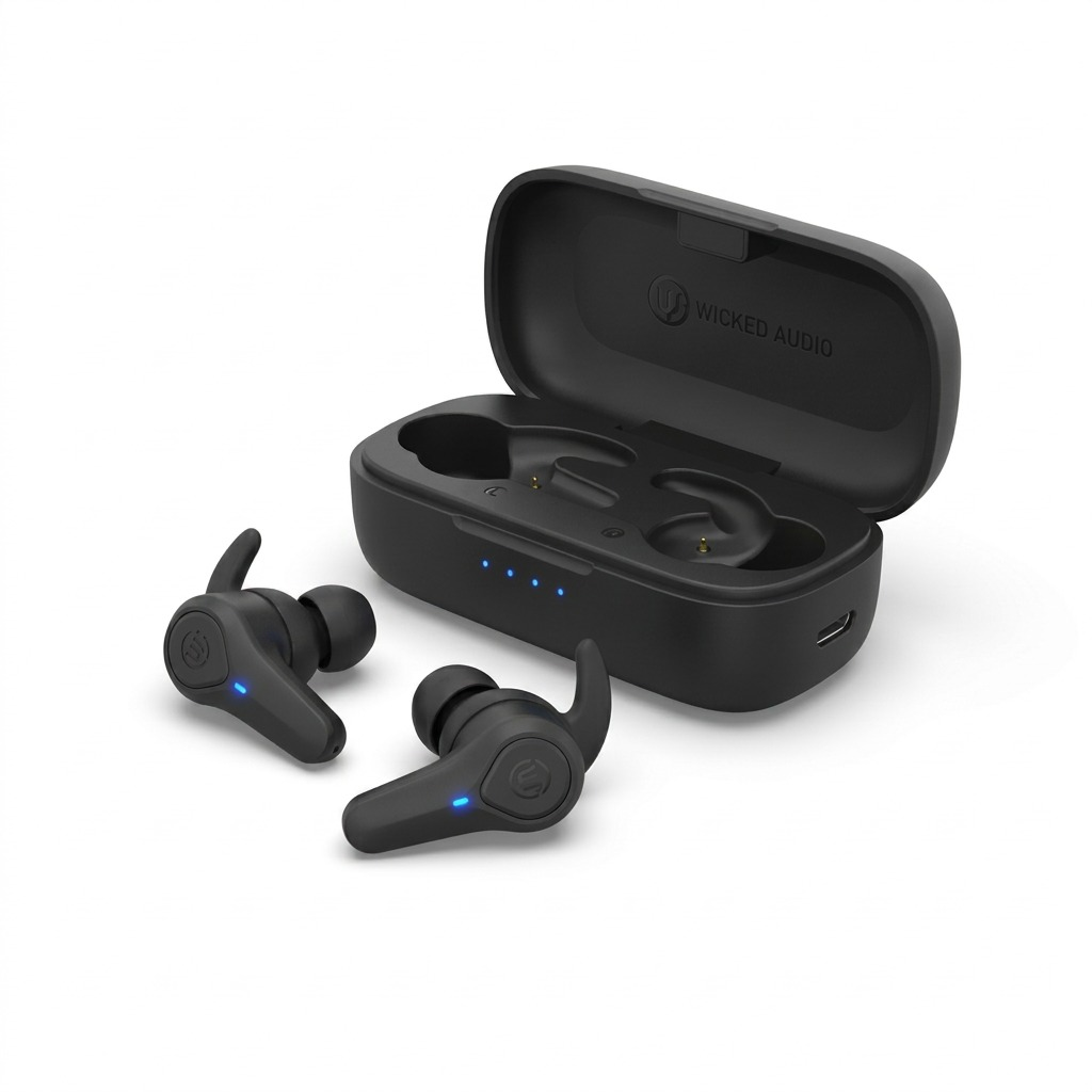 Wicked Audio Axoma Black TWS earbuds with open charging case on a pure white background.