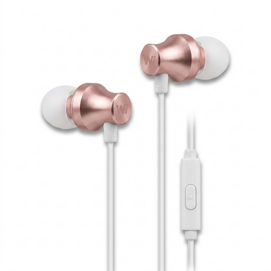High-resolution hero shot of Wicked Audio EX2300 rose gold wired earbuds on a white background.
