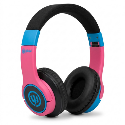 High-resolution hero shot: Wicked Audio Rad Rascal bubblegum pink & blue wired kids' headphones, on pure white background.
