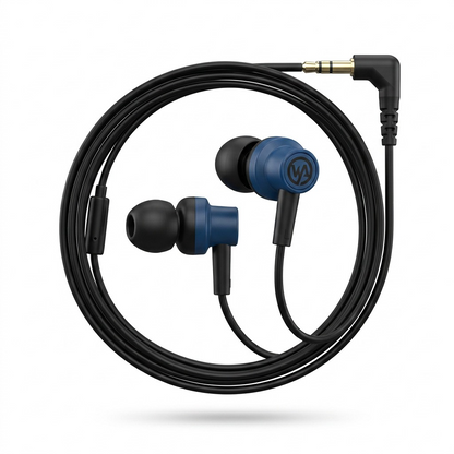 A high-resolution ecommerce hero shot of the Wicked Audio Brawl in-ear headphones in Deep Sea blue, shown from a three-quarter perspective on a pure white background.