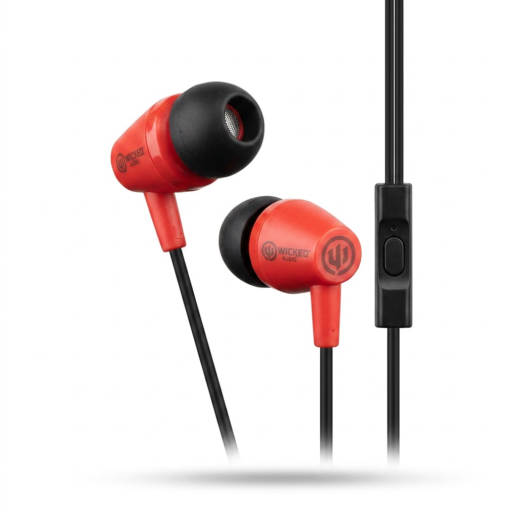 Pure, high-resolution hero shot of Wicked Audio EX2300 red wired earbuds with mic.