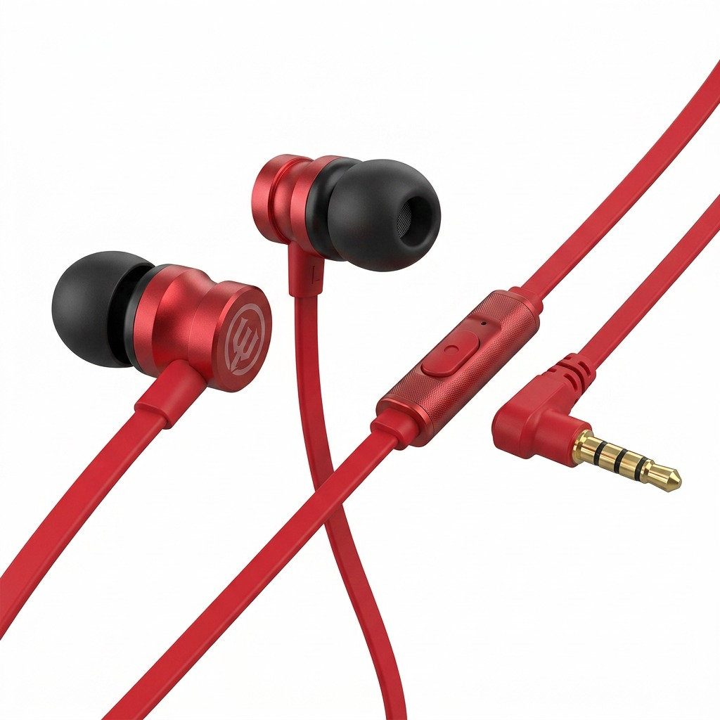 Pure high-resolution hero shot of Wicked Audio Havok Earbuds in Cherry Red, with inline mic and gold-plated L-plug, against a seamless white background.
