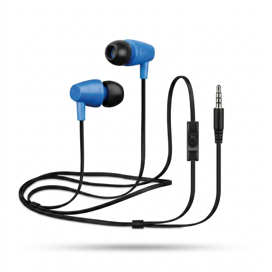 A high-resolution product image showing a pair of blue and black wired in-ear headphones with an inline controller on a pure white background.