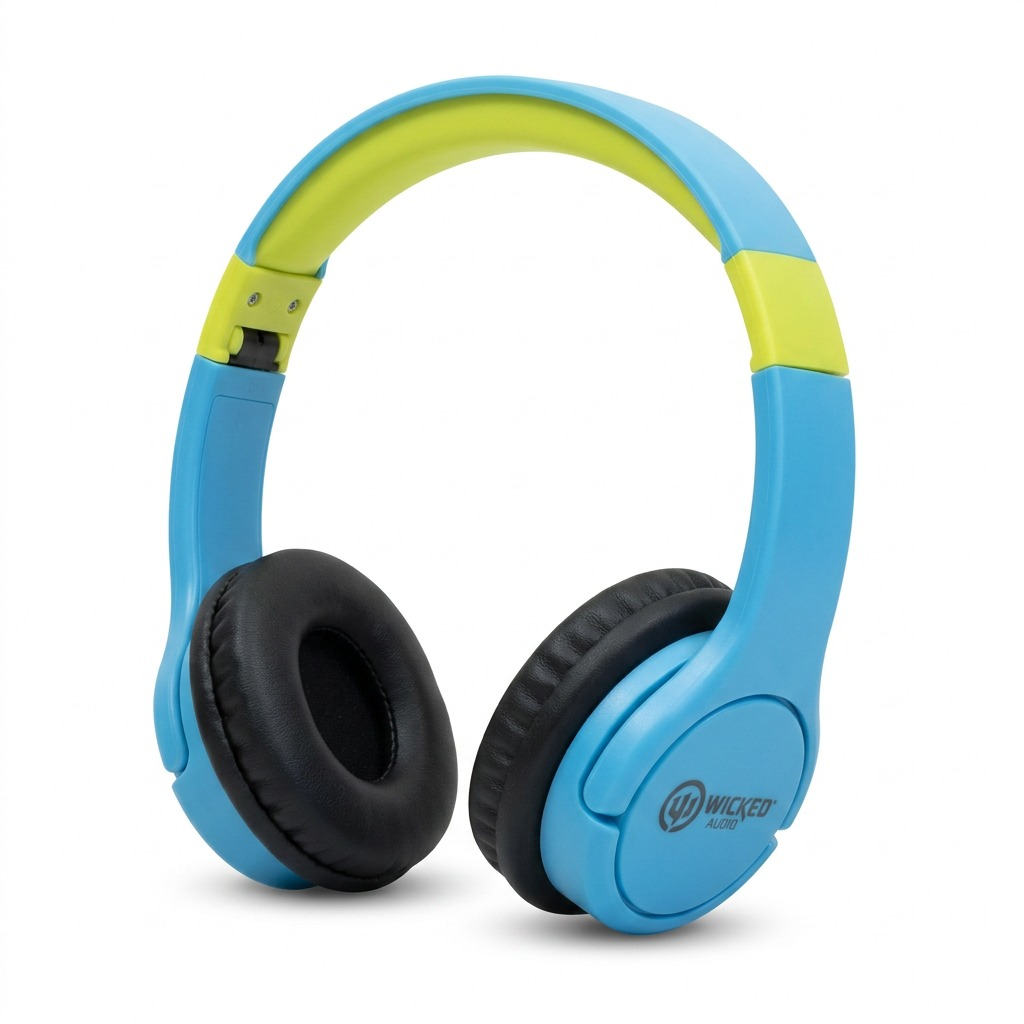 Wicked Audio Rad Rascal Sky Blue and Slime on-ear kids headphones against a pure white background.