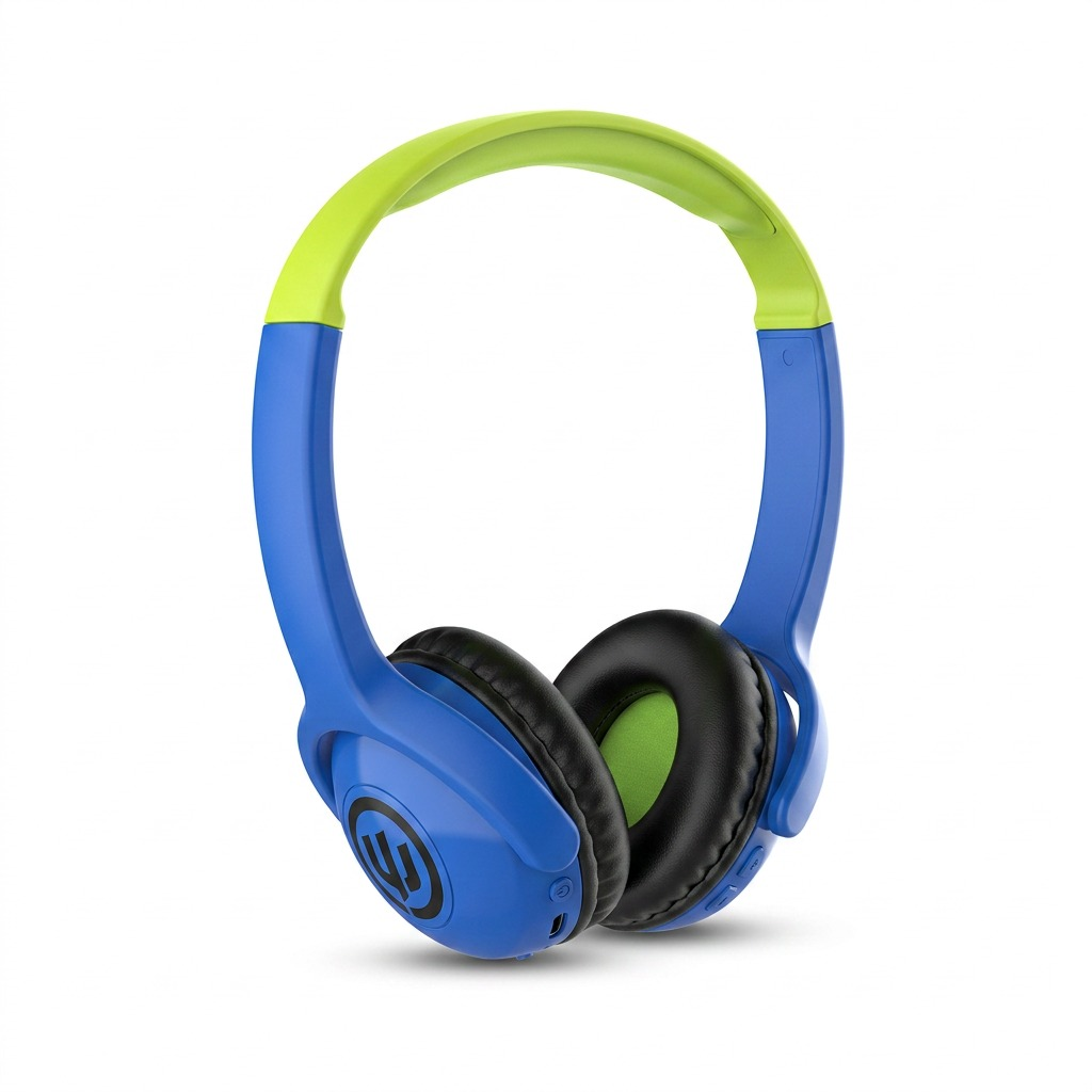 Hero shot of the blue Wicked Audio Tricky Tike Kid Wireless headphone with lime accents.