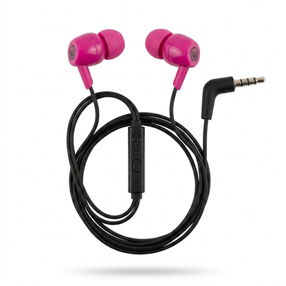 High-resolution hero shot of Wicked Audio Brawl Mic Earbuds in vibrant pink punch, showing microphone and connector.