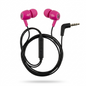 High-resolution hero shot of Wicked Audio Brawl Mic Earbuds in vibrant pink punch, showing microphone and connector.