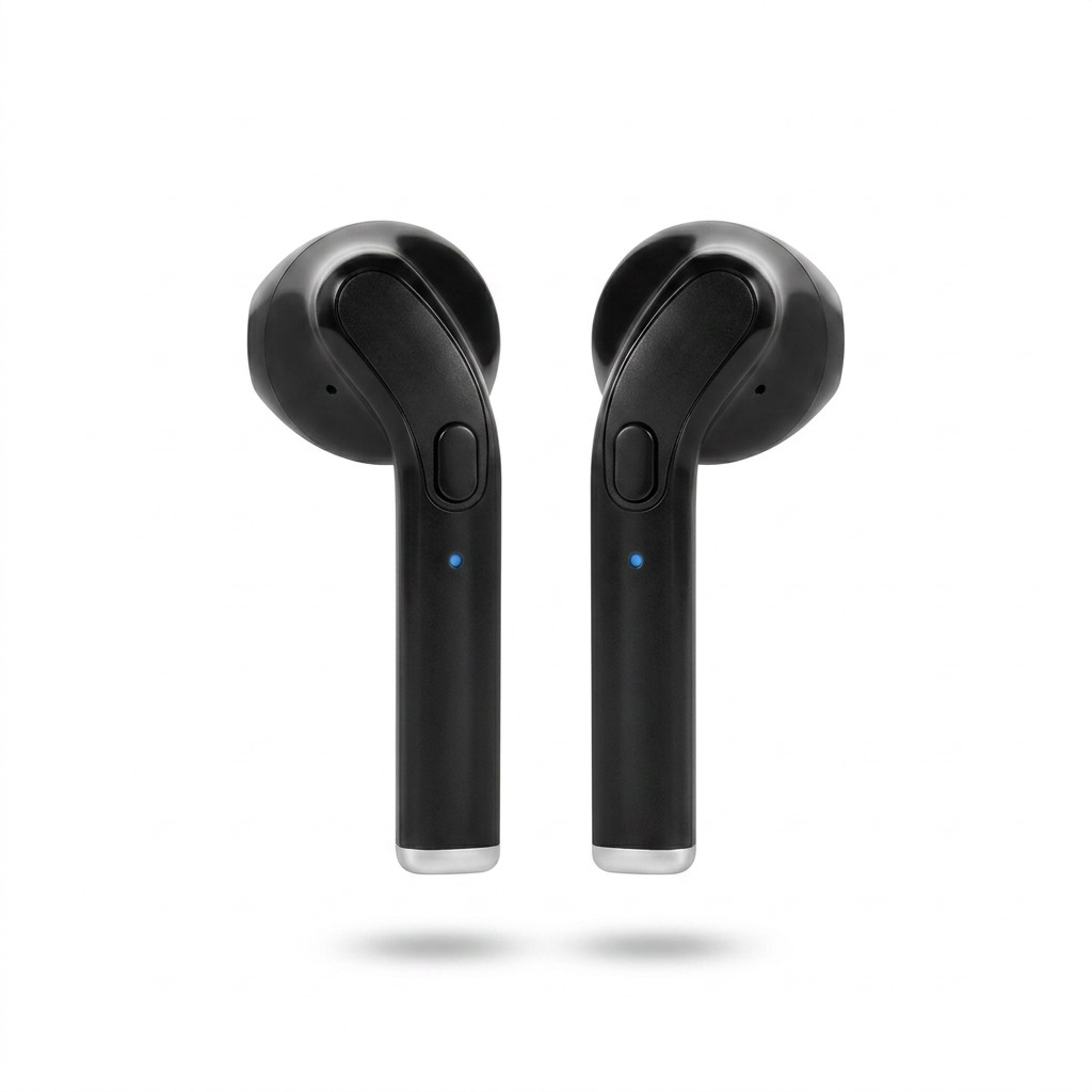Pristine hero shot of two Wicked Audio Driftr black TWS earbuds on a pure white background.