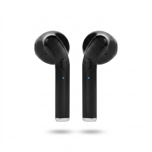 Pristine hero shot of two Wicked Audio Driftr black TWS earbuds on a pure white background.