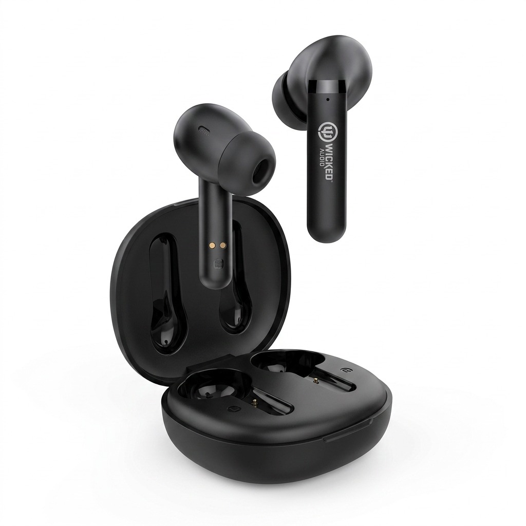 Wicked Audio Mojo 500 Black true wireless earbuds and open charging case hero shot.