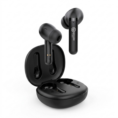 Wicked Audio Mojo 500 Black true wireless earbuds and open charging case hero shot.